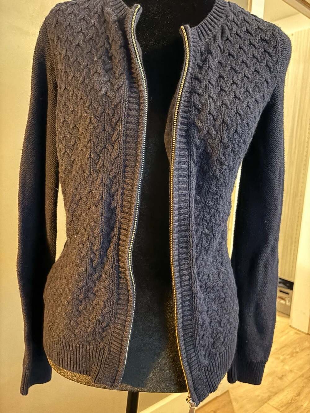Talbots Women's Navy Blue Cable Knit Full-Zip Cardigan Sweater (Size XS) mereno
